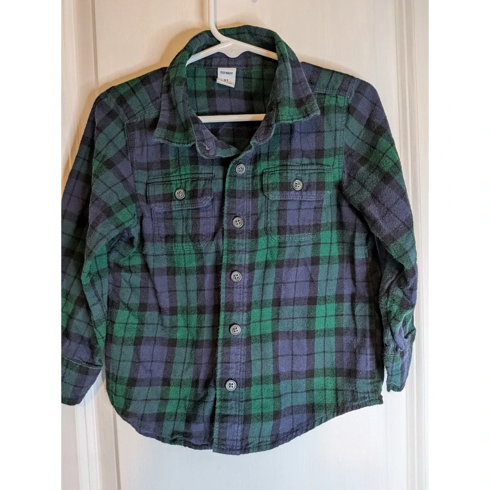 Old Navy Toddler Boys Green Navy Blue Plaid Flannel Button Down Shirt 3T